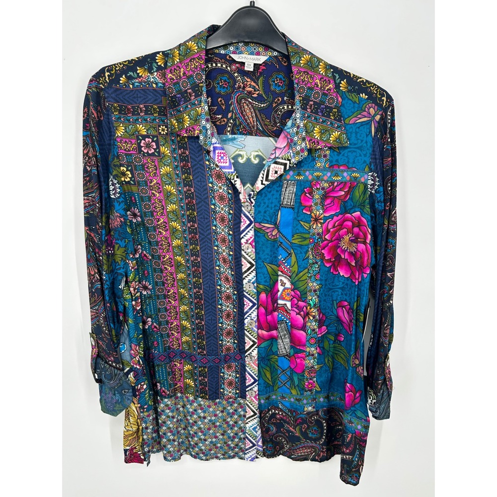 JOHN MARK Patchwork Blue Floral Print Button Up S… - image 3